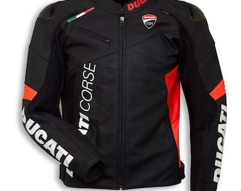 Jaqueta de motociclismo Ducati Corse: couro sintético preto e vermelho, equipamento de corrida.