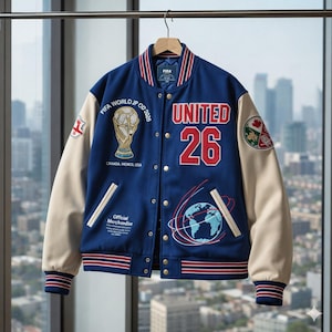 May include: A navy blue and cream varsity jacket with the text "UNITED 26" in red. The jacket features patches with the FIFA World Cup trophy, the text "FIFA WORLD JP OD 2026", and a globe graphic. The sleeves are cream-coloured.