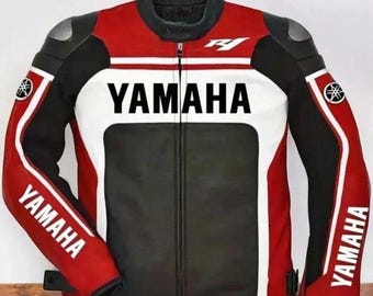 ヴィンテージヤマハレーシングレザージャケット：赤と白のバイクギア