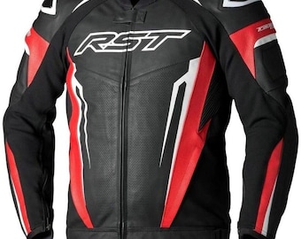 RST Motorradjacke - Schwarzes und rotes Leder, CE Armored Sportbike Gear