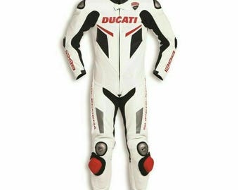 Ducati Corse White Leather Motorcycle Racing Suit – Full Body Protective Moto Gear for Men
