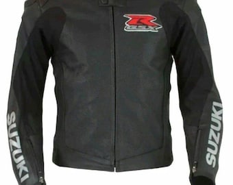 Suzuki GSX-R Leather Motorcycle Jacket | Black Biker Riding Gear for Men | Protective Racing Jacket