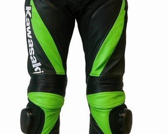 Kawasaki Leather Motorcycle Pants – Black & Green Racing Biker Gear