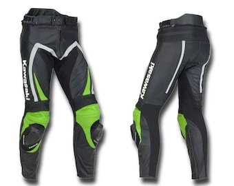 Kawasaki Motorcycle Riding Pants – Black & Lime Green with Knee Pads