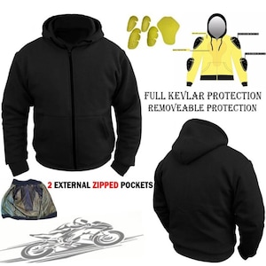 May include: Black zip-up hoodie with a hood, two external zipped pockets, and removable Kevlar protection. The image also shows motorcycle safety gear, including elbow and shoulder pads. The text reads "FULL KEVLAR PROTECTION REMOVEABLE PROTECTION."