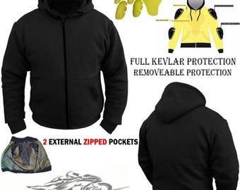Motorcycle Kevlar Zip-Up Hoodie – Removable Armor Pads, Black Riding Jacket with Zipped Pockets