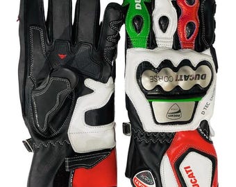 Guantes de moto Ducati Corse Racing — Guantes de cuero tricolor para motorista — Equipo de protección para pista y calle