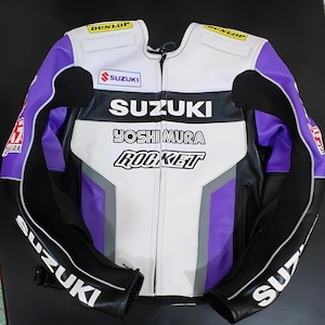 Suzuki Yoshimura Rocket Leather Motorcycle Jacket – White & Purple Biker Gear – Custom Sizes Available
