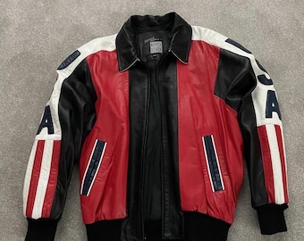 Vintage USA Flag Leather Bomber Jacket - Men’s Patriotic North Beach