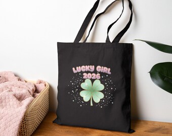 Lucky Girl 2026 four-leaf clover Tote | manifest luck, pastel metallic charm