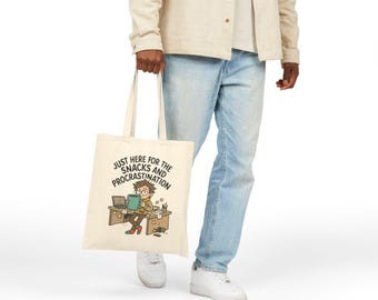 Just Here for the Snacks and Procrastination Tote Bag | Canvas Grocery Market Bag