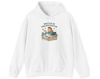 Procrastination Cartoon Hoodie: Soft Cotton Blend, Desk Coffee Print