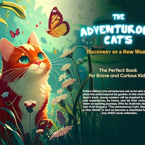 Peut inclure: Couverture de livre pour enfants avec un chat orange aux yeux bleus et un papillon. Le titre est "The Adventurous Cat's Discovery of a New World". Le livre est destiné aux enfants courageux et curieux.