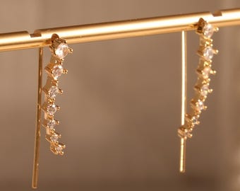 Minimalist Gold Ear Crawler Earrings, Crystal Line Stud 925 Silver Post, Dainty Everyday Jewelry Gift for Her