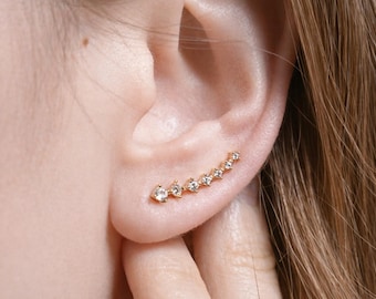 Minimalist Gold Ear Crawler Earrings, Crystal Line Stud 925 Silver Post, Dainty Everyday Jewelry Gift for Her