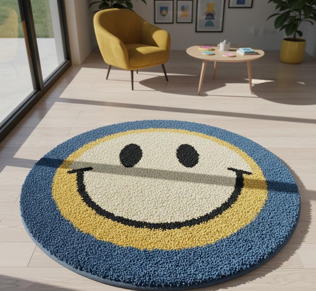 Greetings Rug Hand Tufted Smiley Face Round Rug, Modern Graphic Floor Decor - Etsy