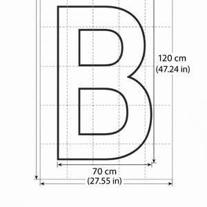 May include: A large black letter "B" with dimensions of 70 cm (27.55 in) wide and 120 cm (47.24 in) tall, set against a grid background. The image includes the text "20 Pages".