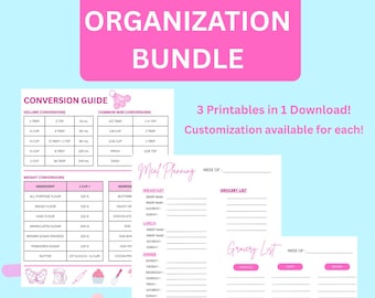 キッチン整理術 印刷可能なセット | 食事プランナー、食料品リスト、ベーキング変換ガイド | 今すぐダウンロード