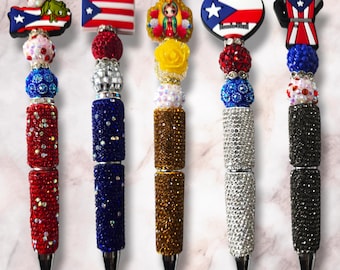 Bling Pen with Puerto Rico Flag, Blue ,red, silver Rhinestone Beaded Pen