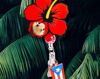Flor de maga con coqui badge reel Puerto Rico ID holder