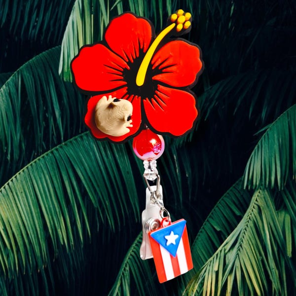 Flor de maga con coqui badge reel Puerto Rico ID holder