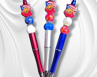 Beaded Puerto Rico coqui amapola flower flag pen,