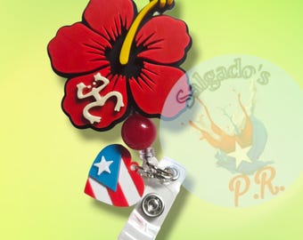 Flor de maga con coqui Taino badge reel Puerto Rico ID holder