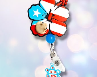 Azul celeste flor de maga con coqui Bandera badge reel Puerto Rico ID holder