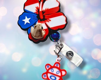 Flor de maga con coqui Bandera badge reel Puerto Rico ID holder