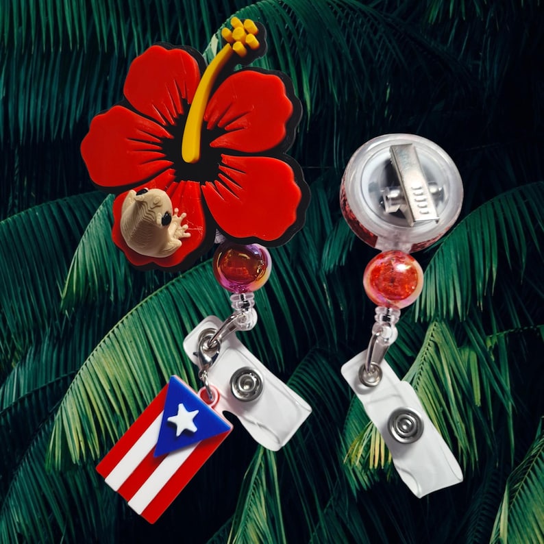 Flor de maga con coqui badge reel Puerto Rico ID holder image 7