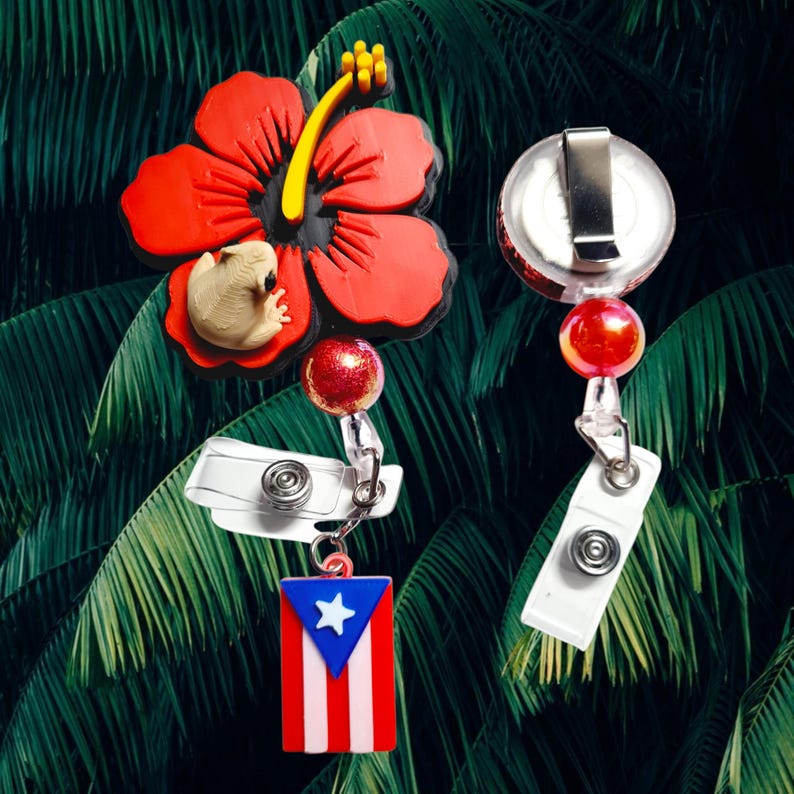 Flor de maga con coqui badge reel Puerto Rico ID holder image 6