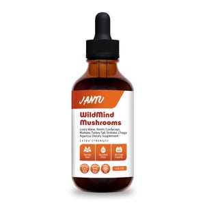 May include: A brown glass bottle of JANTU WildMind Mushrooms dietary supplement. The label includes the text "Lion's Mane, Reishi, Cordyceps" and other mushroom names. The bottle has a black dropper and contains 4 fl oz of liquid.