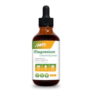 May include: A brown glass bottle of JANTU Magnesium Citrate & Glycinate dietary supplement. The label includes the text "Vitamin B6, D, C" and "Extra Strength". The bottle has a black dropper and contains 118 ml.
