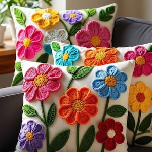May include: A set of square white throw pillows featuring three-dimensional crochet flower appliqués in vibrant colors including pink, orange, blue, yellow, purple, and red, with green crocheted stems and leaves attached to the front surface.