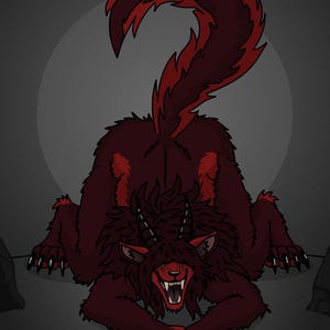 May include: Illustration of a red, furry creature with horns and sharp claws, snarling with its mouth open. The creature has a long, curved tail with a darker red tip. The background is a dark grey with a lighter grey circle behind the creature.