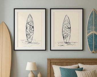 Set di stampe artistiche minimaliste di tavole da surf, disegno di linee costiere (download digitale)