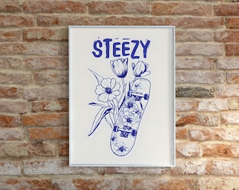 Estampado floral de patineta Steezy / Arte de pared retro de skater (descarga digital)