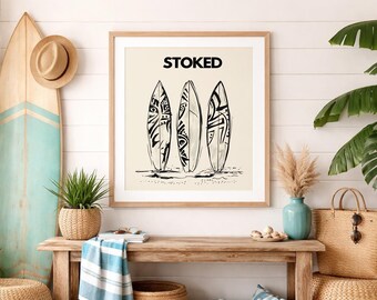 Minimalistic Sketch Tribal Style Surfboard Wall Art, Decor Digital Print, Beach Wall Art, Wall Art Print, Coastal Ocean Beach House Decor