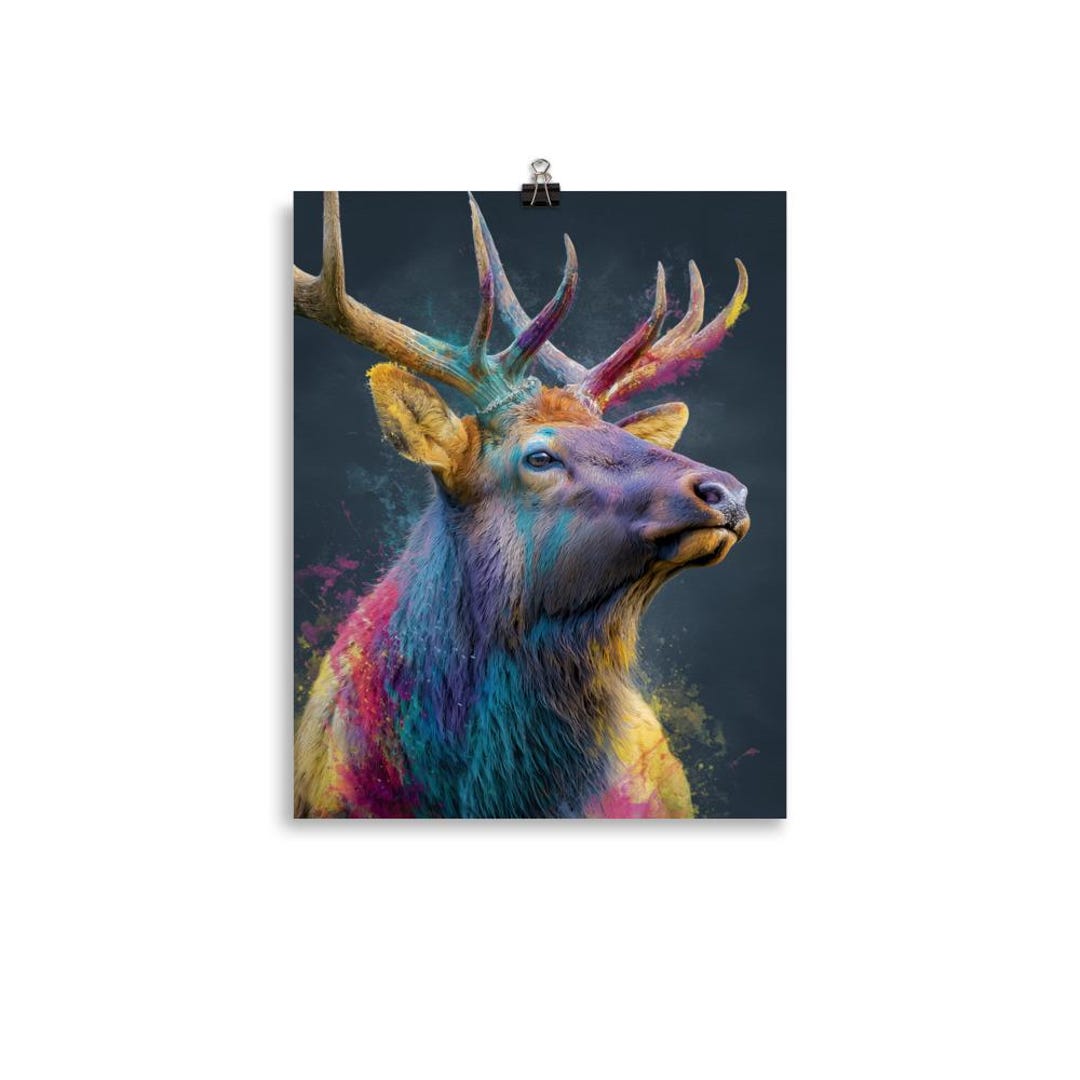 Elk Wall Art – Vivid Bull Elk Portrait Print – Colorful Wildlife Poster ...