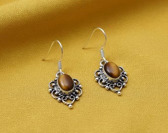 Tiger’s Eye Sterling Silver Earrings – Vintage Boho Dangle Earrings for Women, Handmade Gemstone Jewelry, Antique Style Gift for Her