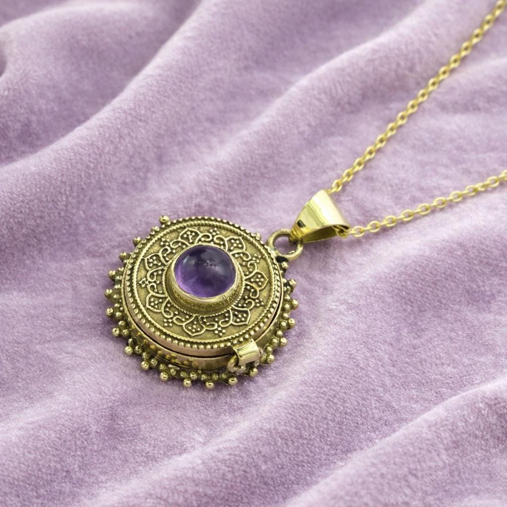 Vintage Style Locket Necklace, Amethyst Stone Pendant, Gold Round Locket Necklace, Boho Jewelry, Antique Floral Locket, Gift for Her