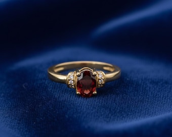 Gold Garnet Ring with Diamond Accents | Vintage Style Red Gemstone Ring | Elegant Handmade Brass Ring | January Birthstone