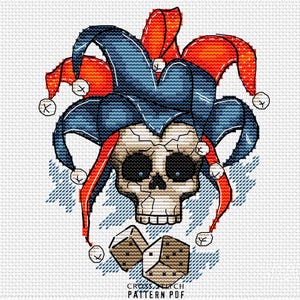 Joker Skull cross stitch pattern PDF Harlequin counted cross stitch chart Creepy stitching Dice xstitch Spooky Scary Digital download
