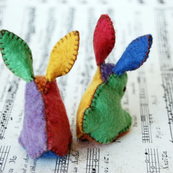 Twin Felted BABY BUNNIES-- Colorful set of Toys -- Hand Made in Canada -- Pure Merino Wool Handmade Felt