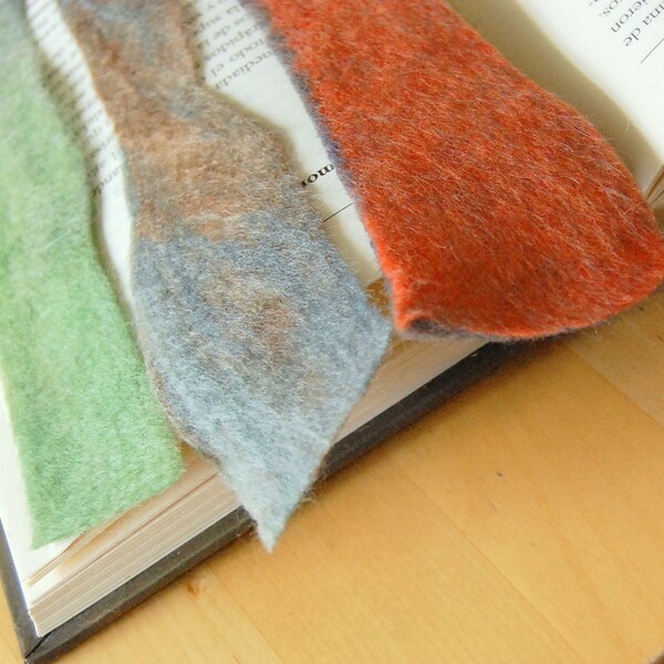 Felted BOOKMARKS Set of Three Handmade Pure Wool Green Orange Grey Beige Light Blue-- Ideal Birthday Gift for Readers