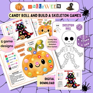Op de afbeelding: Een digitale download met Halloween-thema met spelontwerpen. De afbeelding toont een pompoen, een zwarte kat en een skelet, allemaal versierd met kleurrijke snoepjes. De tekst luidt "Candy Roll and Build a Skeleton Games" en "DIGITALE DOWNLOAD".