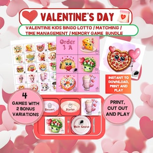 Può includere: Un pacchetto a tema San Valentino per bambini, con bingo, giochi di abbinamento e di memoria. L'immagine mostra tabelloni di gioco con illustrazioni a tema cibo, una pizza a forma di cuore e testo.
