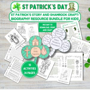 May include: A collection of St. Patrick's Day themed educational resources for kids. The bundle includes printable activities, coloring pages, and a biography resource. The design features shamrocks, a leprechaun hat, and the text "St. Patrick's Day".