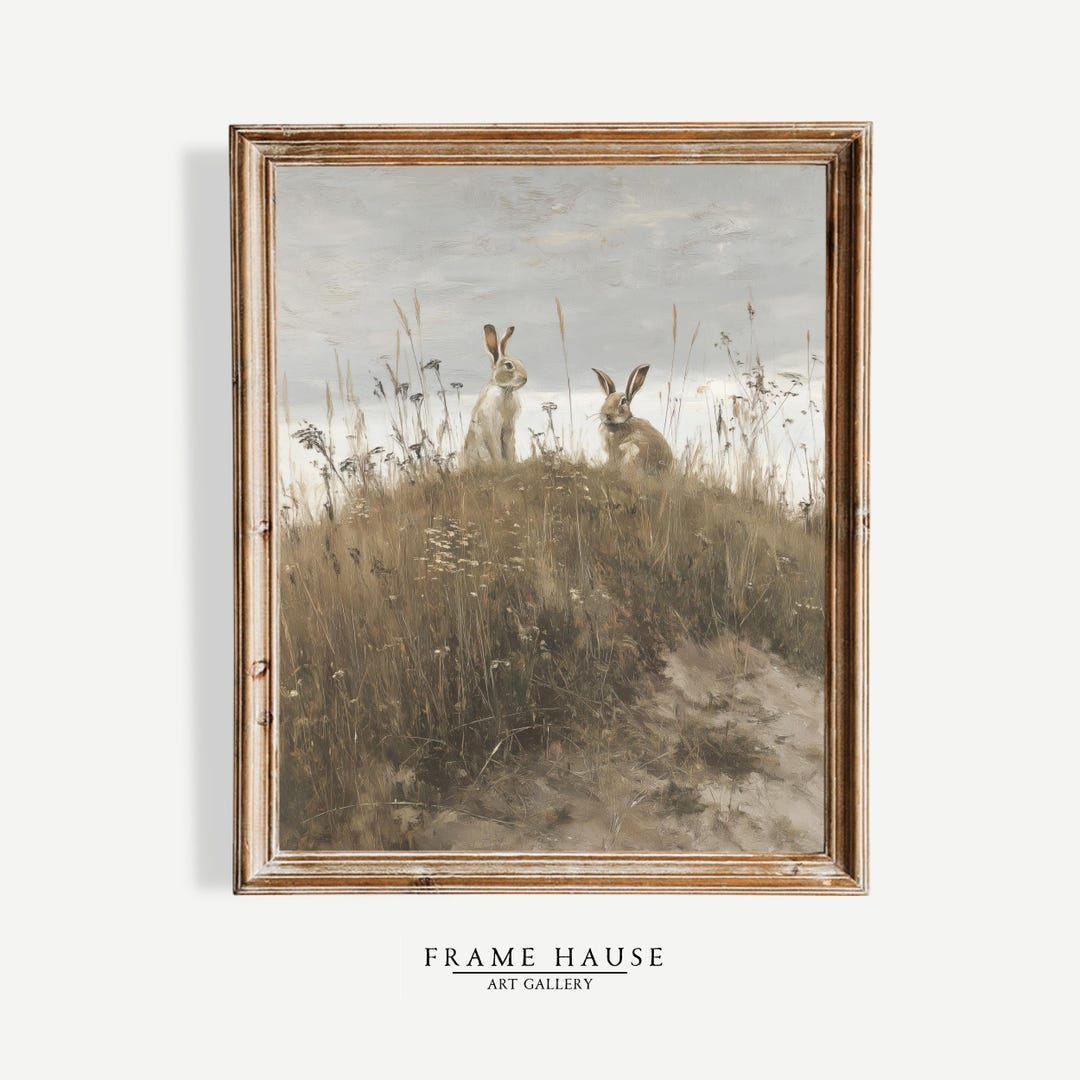 Rustic Print Rabbit Rustic Wall Art, Rabbits on Hill – Vintage Pastoral Landscape, Rabbit ...