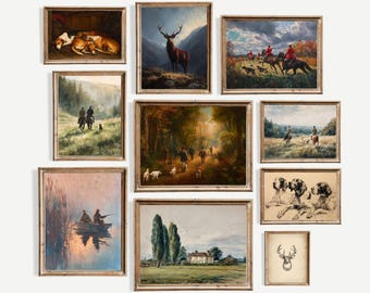 Vintage jachtmuurkunst, set van 10, prints in een galerie met ruitersport en dieren in het wild